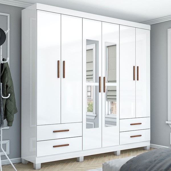 Guarda-Roupa Casal Genova 6 Portas 4 Gavetas com Espelho 22111 Branco - Carioca Móveis
