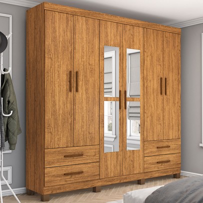 Guarda-Roupa Casal Genova 6 Portas 4 Gavetas com Espelho 22111 Cinamomo - Carioca Móveis