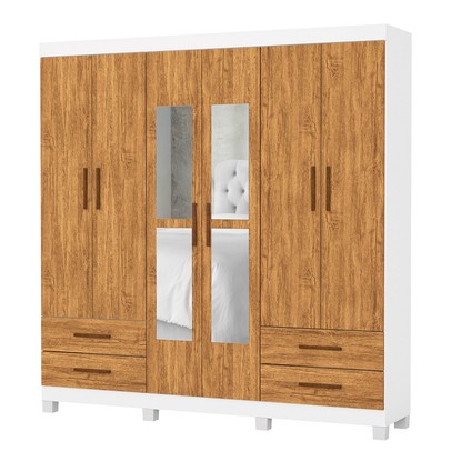 Guarda-Roupa Casal Genova 6 Portas 4 Gavetas com Espelho 22111 Branco/Cinamomo - Carioca Móveis