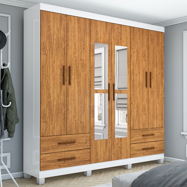 Guarda-Roupa Casal Genova 6 Portas 4 Gavetas com Espelho 22111 Branco/Cinamomo - Carioca Móveis