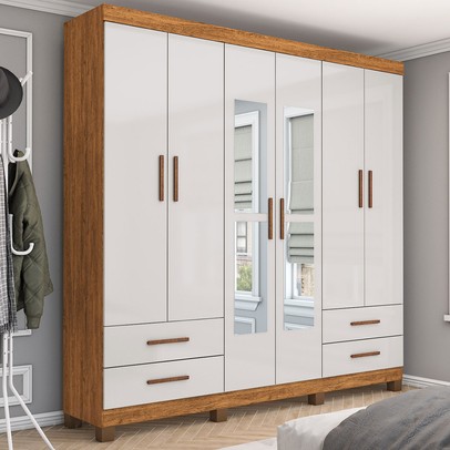 Guarda-Roupa Casal Genova 6 Portas 4 Gavetas com Espelho 22111 Cinamomo/Off White - Carioca Móveis