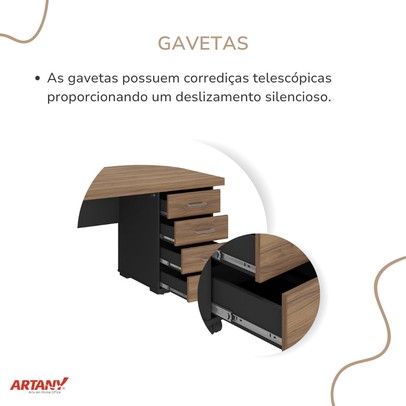 Mesa para Escritório Tamburato 4 Gavetas Nogal/Preto 6126 - Artany Móveis