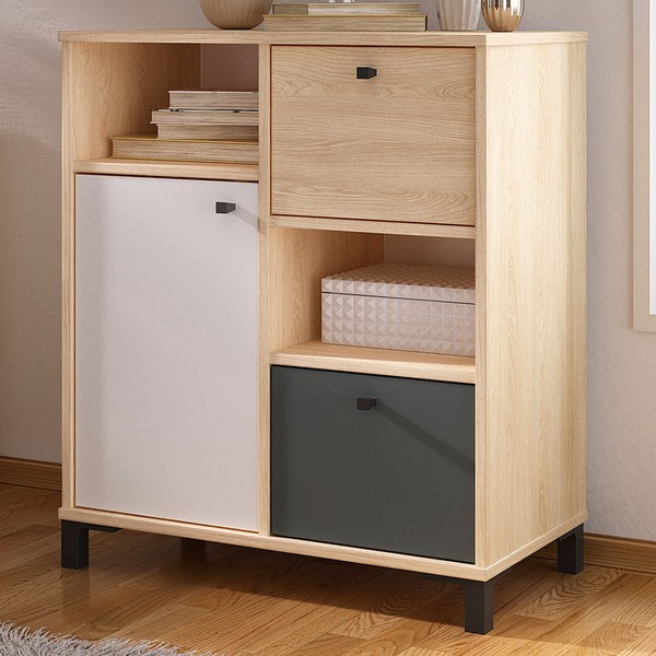 Armário para Escritório Nordik 1 Porta 2 Gavetas Carvalho/Branco/Grafito - Artany Móveis