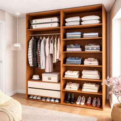 Closet Luna 2 Gavetas 7 Prateleiras Creme/Freijó - Politorno