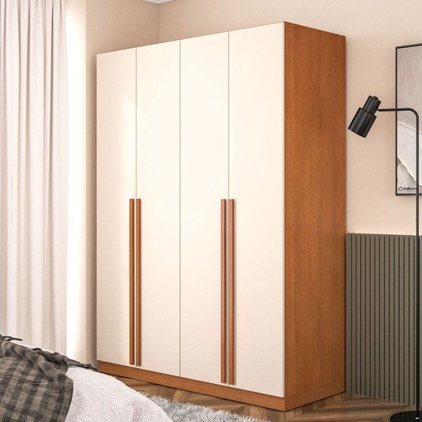 Guarda-Roupa Solteiro Luna 4 Portas 2 Gavetas Creme/Freijó - Politorno