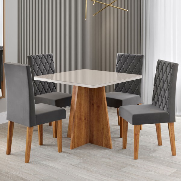Mesa de Jantar 4 Lugares Evah com Vidro Mel/Off White/Veludo Cinza - Viero Móveis