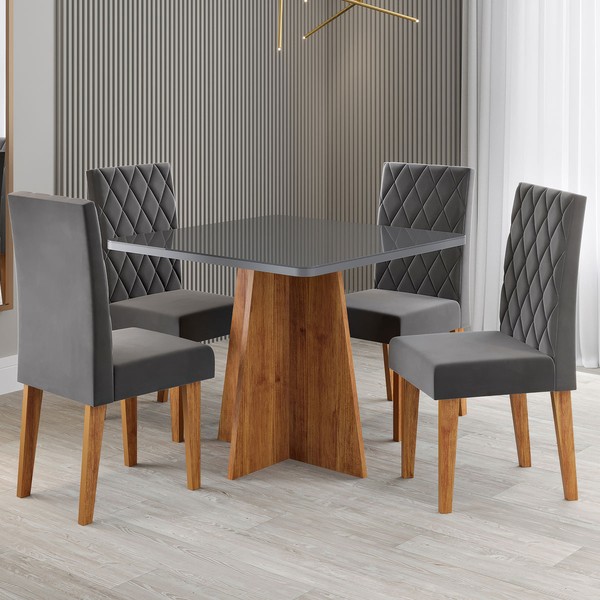 Mesa de Jantar 4 Lugares Evah com Vidro Mel/Grafite/Veludo Cinza - Viero Móveis