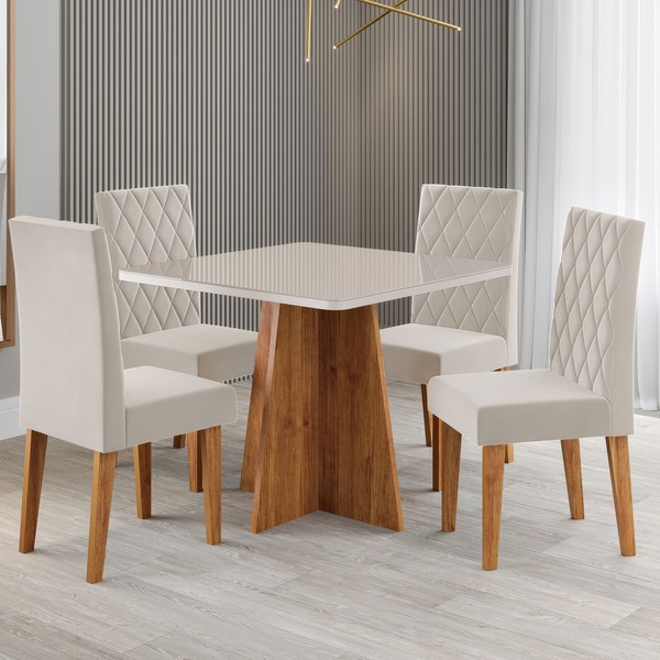 Mesa de Jantar 4 Lugares Evah Mel/Blonde/Veludo Pastel - Viero Móveis