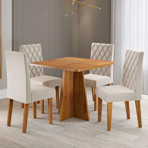 Mesa de Jantar 4 Lugares Evah Mel/Veludo Pastel - Viero Móveis