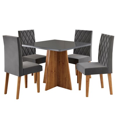 Mesa de Jantar 4 Lugares Evah Mel/Cinza/Veludo Cinza - Viero Móveis