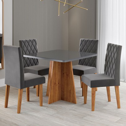 Mesa de Jantar 4 Lugares Evah Mel/Cinza/Veludo Cinza - Viero Móveis