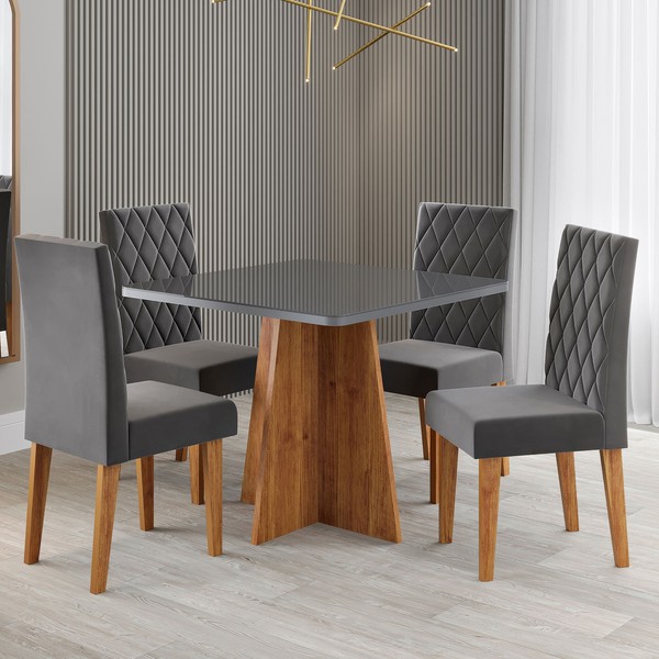 Mesa de Jantar 4 Lugares Evah Mel/Cinza/Veludo Cinza - Viero Móveis