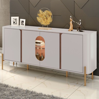 Balcão Buffet Tambaú 4 Portas 1 Prateleira com Vidro e Led Off White/Cinamomo - Móveis Bechara
