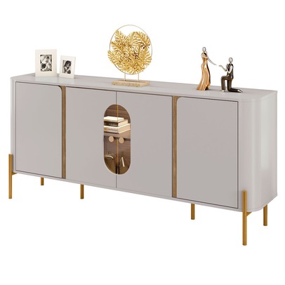 Balcão Buffet Tambaú 4 Portas 1 Prateleira com Vidro e Led Off White/Cinamomo - Móveis Bechara