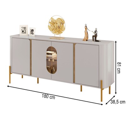 Balcão Buffet Tambaú 4 Portas 1 Prateleira com Vidro e Led Off White/Cinamomo - Móveis Bechara