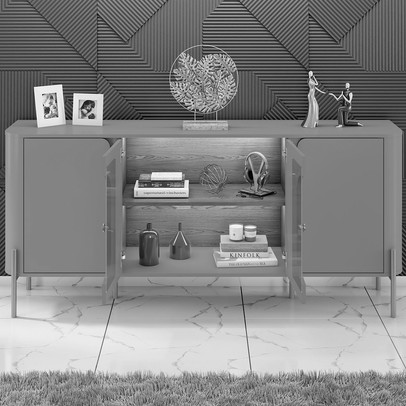 Balcão Buffet Tambaú 4 Portas 1 Prateleira com Vidro e Led Off White/Naturalle - Móveis Bechara