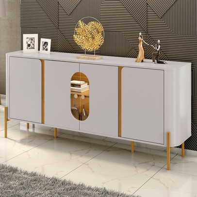 Balcão Buffet Tambaú 4 Portas 1 Prateleira com Vidro e Led Off White/Naturalle - Móveis Bechara