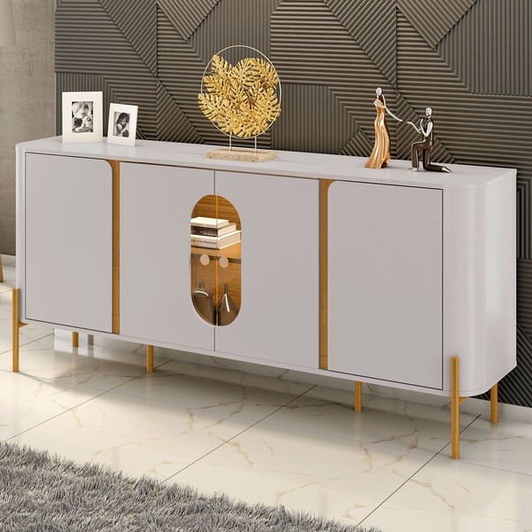 Balcão Buffet Tambaú 4 Portas 1 Prateleira com Vidro e Led Off White/Naturalle - Móveis Bechara