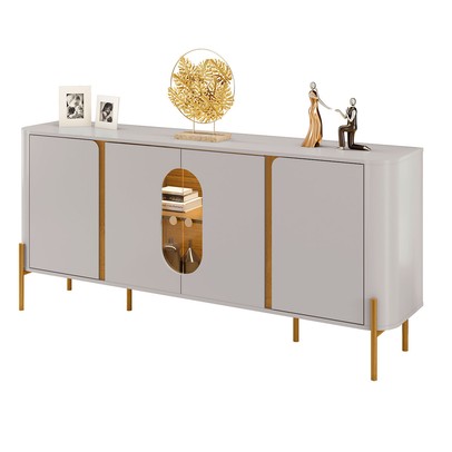 Balcão Buffet Tambaú 4 Portas 1 Prateleira com Vidro e Led Off White/Naturalle - Móveis Bechara