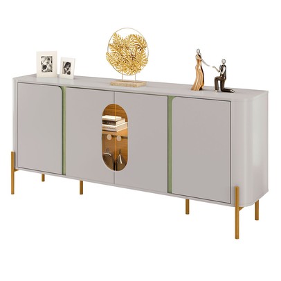 Balcão Buffet Tambaú 4 Portas 1 Prateleira com Vidro e Led Off White/Pistache - Móveis Bechara