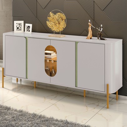 Balcão Buffet Tambaú 4 Portas 1 Prateleira com Vidro e Led Off White/Pistache - Móveis Bechara