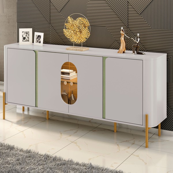 Balcão Buffet Tambaú 4 Portas 1 Prateleira com Vidro e Led Off White/Pistache - Móveis Bechara