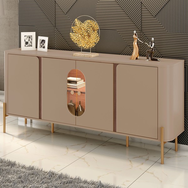 Balcão Buffet Tambaú 4 Portas 1 Prateleira com Vidro e Led Fendi/Carvalho - Móveis Bechara