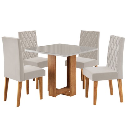 Mesa de Jantar 4 Lugares Magiore com Vidro Mel/Off White/Veludo Pastel - Viero Móveis
