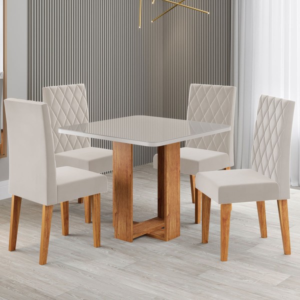 Mesa de Jantar 4 Lugares Magiore com Vidro Mel/Off White/Veludo Pastel - Viero Móveis