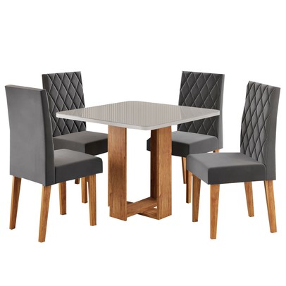 Mesa de Jantar 4 Lugares Magiore com Vidro Mel/Off White/Veludo Cinza - Viero Móveis