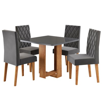 Mesa de Jantar 4 Lugares Magiore com Vidro Mel/Grafite/Veludo Cinza - Viero Móveis