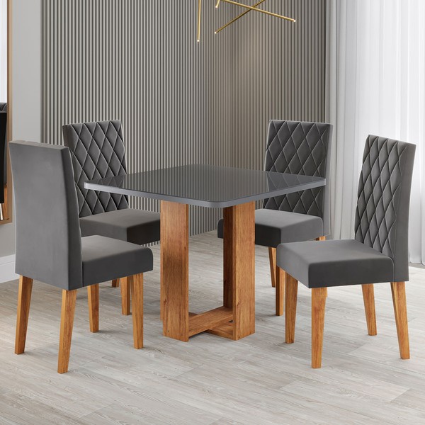Mesa de Jantar 4 Lugares Magiore com Vidro Mel/Grafite/Veludo Cinza - Viero Móveis