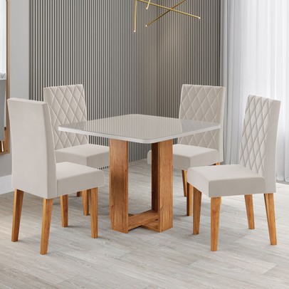 Mesa de Jantar 4 Lugares Magiore Mel/Blonde/Veludo Pastel - Viero Móveis