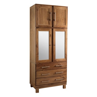 Guarda-Roupa Solteiro Barnabé 4 Portas 3 Gavetas  com Espelho Madeira Maciça Castanho - Pnr Móveis