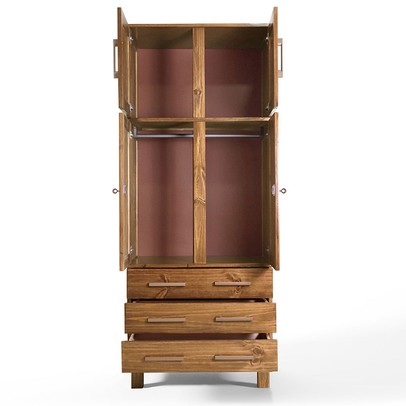 Guarda-Roupa Solteiro Barnabé 4 Portas 3 Gavetas  com Espelho Madeira Maciça Castanho - Pnr Móveis