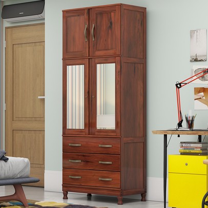 Guarda-Roupa Solteiro Barnabé 4 Portas 3 Gavetas com Espelho Madeira Maciça Mogano - Pnr Móveis