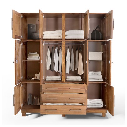 Guarda-Roupa Casal Novak 10 Portas 3 Gavetas com Espelho Madeira Maciça Castanho - Pnr Móveis