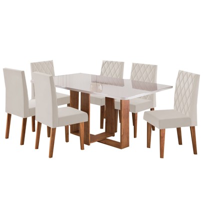 Mesa de Jantar 6 Lugares Afrodite com Vidro Mel/Off White/Veludo Pastel - Viero Móveis