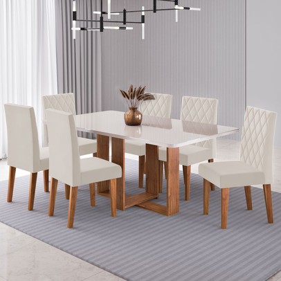 Mesa de Jantar 6 Lugares Afrodite com Vidro Mel/Off White/Veludo Pastel - Viero Móveis