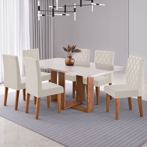 Mesa de Jantar 6 Lugares Afrodite com Vidro Mel/Off White/Veludo Pastel - Viero Móveis