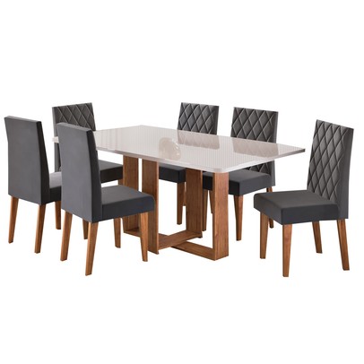Mesa de Jantar 6 Lugares Afrodite com Vidro Mel/Off White/Veludo Cinza - Viero Móveis