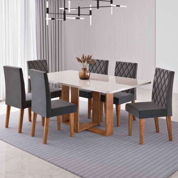 Mesa de Jantar 6 Lugares Afrodite com Vidro Mel/Off White/Veludo Cinza - Viero Móveis