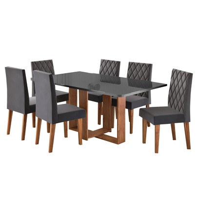 Mesa de Jantar 6 Lugares Afrodite com Vidro Mel/Grafite/Veludo Cinza - Viero Móveis