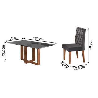 Mesa de Jantar 6 Lugares Afrodite com Vidro Mel/Grafite/Veludo Cinza - Viero Móveis