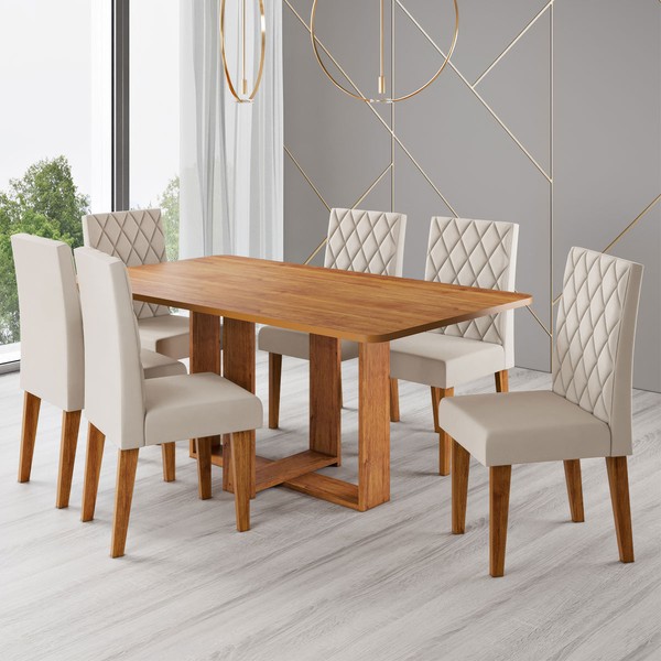 Mesa de Jantar 6 Lugares Afrodite Mel/Veludo Pastel - Viero Móveis