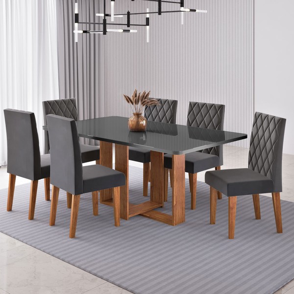 Mesa de Jantar 6 Lugares Afrodite Mel/Cinza/Veludo Cinza - Viero Móveis