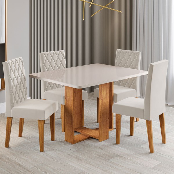 Mesa de Jantar 4 Lugares Afrodite com Vidro Mel/Off White/Veludo Pastel - Viero Móveis