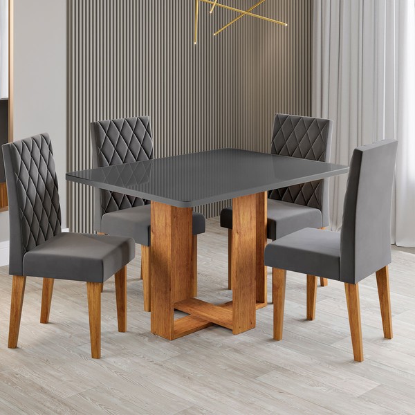 Mesa de Jantar 4 Lugares Afrodite com Vidro Mel/Grafite/Veludo Cinza - Viero Móveis