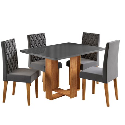 Mesa de Jantar 4 Lugares Afrodite com Vidro Mel/Grafite/Veludo Cinza - Viero Móveis