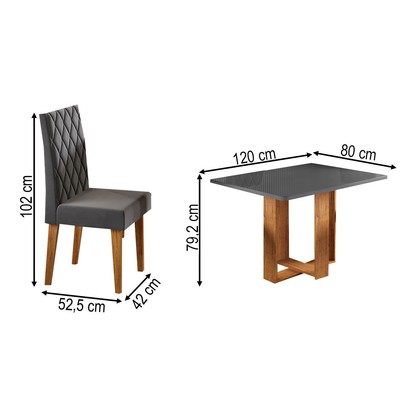 Mesa de Jantar 4 Lugares Afrodite com Vidro Mel/Grafite/Veludo Cinza - Viero Móveis